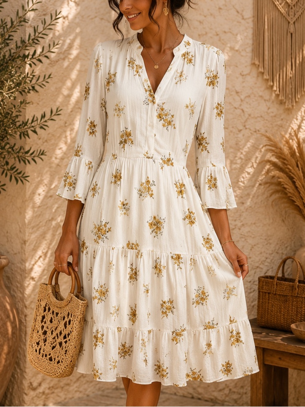 Laurel Grey Floral Tiered Babydoll  Yellow Floral Dress medium